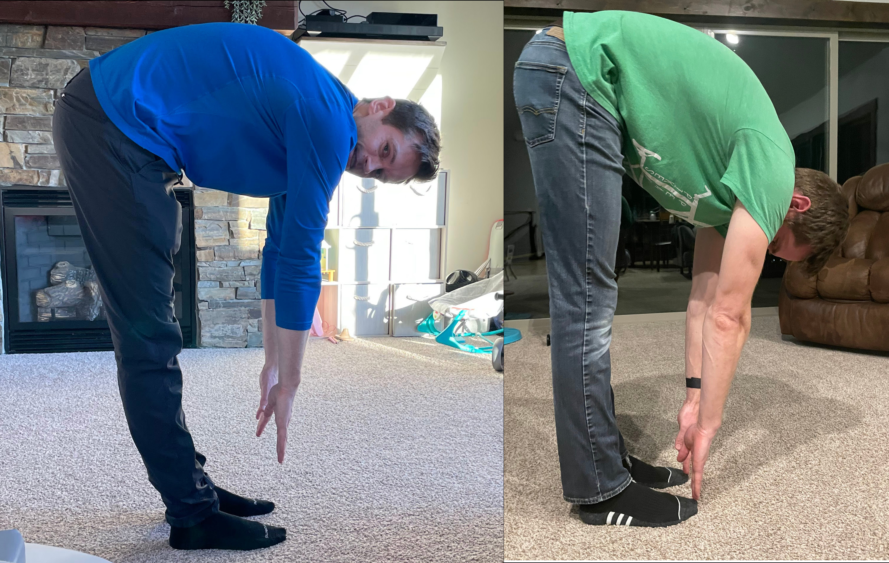 A before picture on the left trying to touch my toes and being about 5 inches away. An after picture on the right of me stretching and touching my toes!